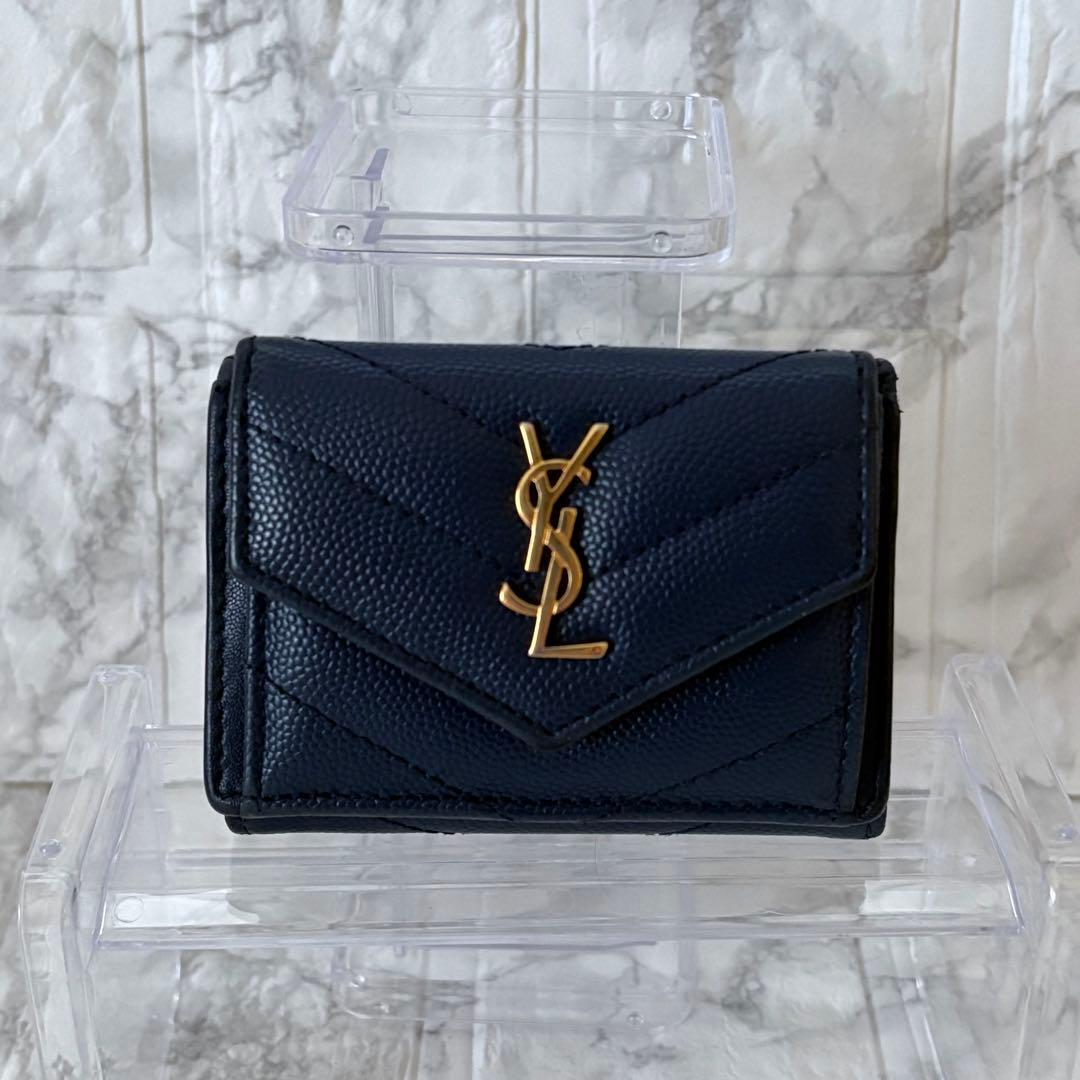 YSL サンローラン ネイビー レザー 三つ折り財布 ゴールドロゴ
