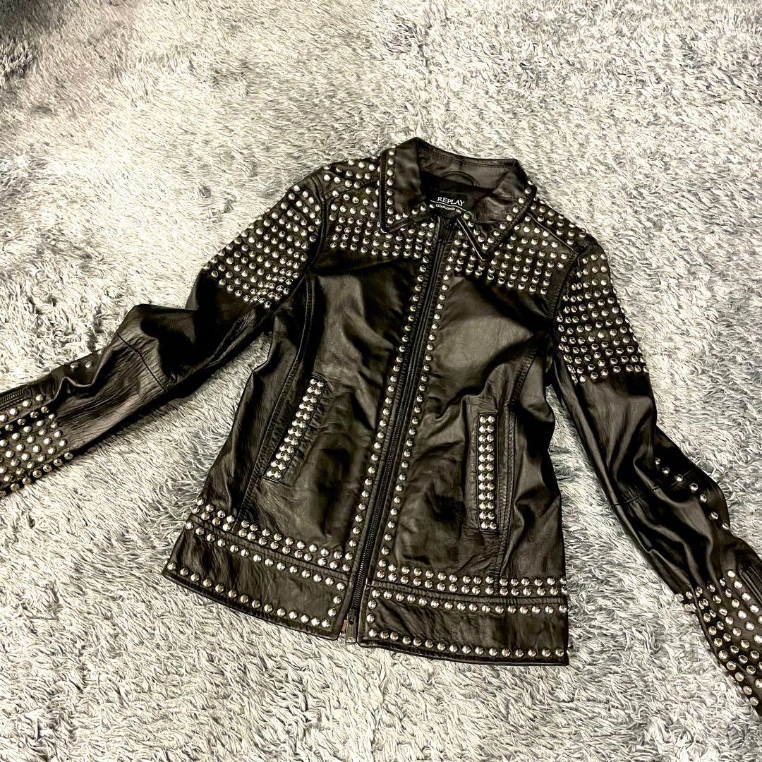 【美品】REPLAY レザージャケット スタッズ ライダース 黒 羊革 伊製