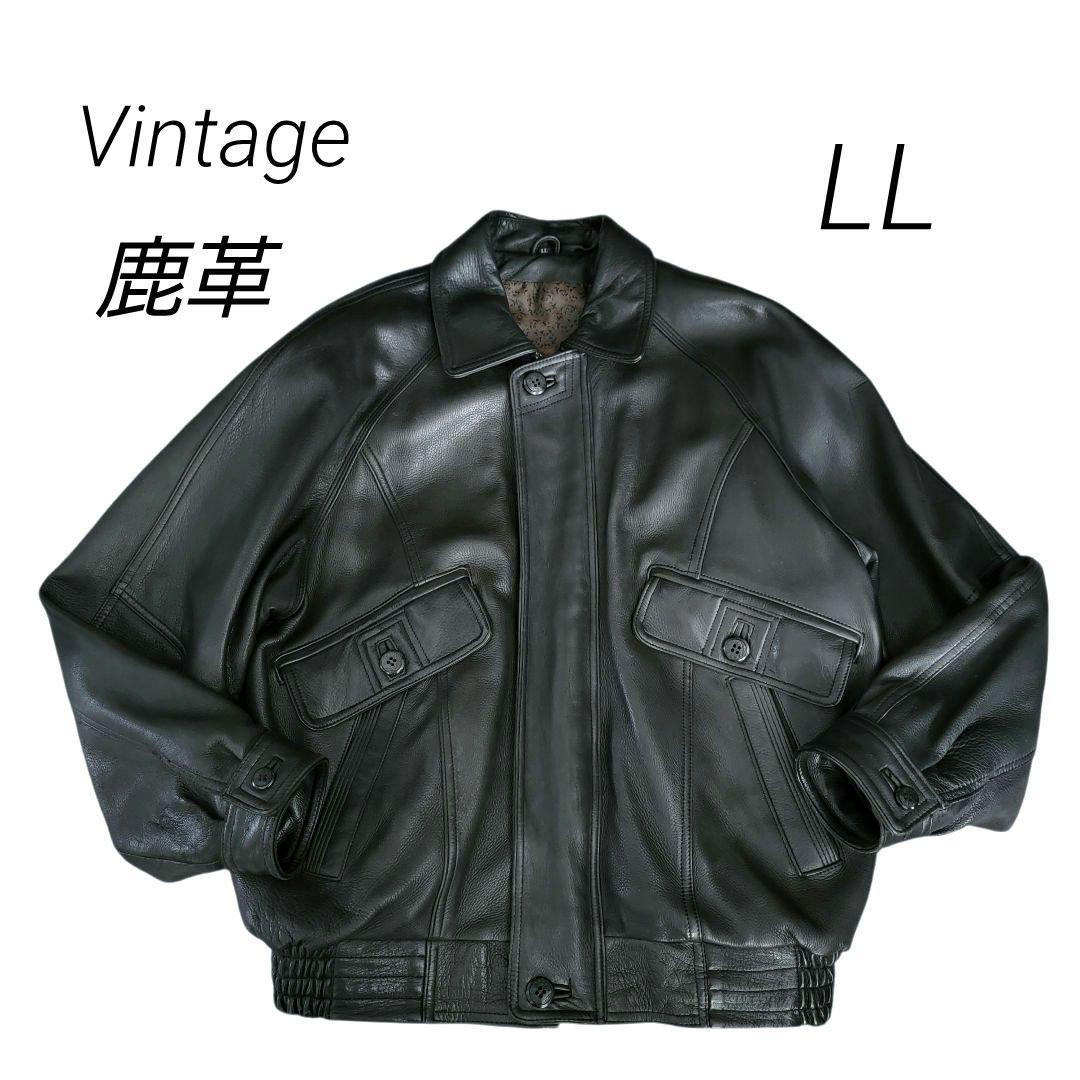 メンズ　鹿革　レザージャケット　裏総柄　 ヴィンテージ　ブラック　LL