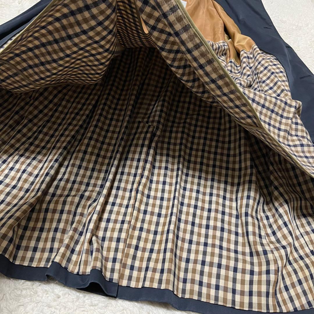 メンズ　アクアスキュータム　ステンカラーコート　ベルト　ライナー　チェック　紺