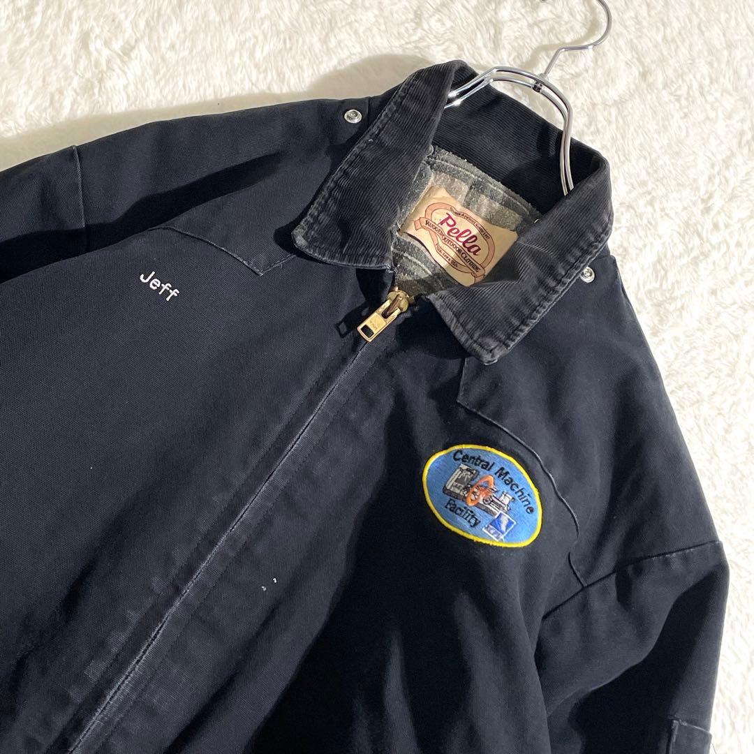 80s　USA製　サンタフェジャケット　ブラック　L　企業ロゴ　襟コーデュロイ