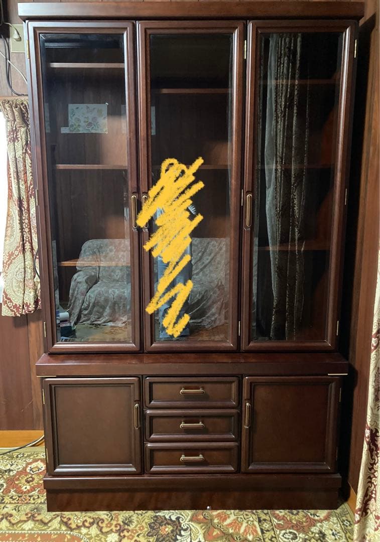 ダークブラウン 木製 本棚 ガラス扉付き