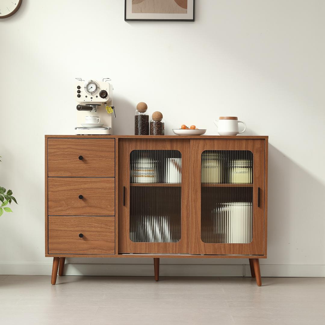 【新品】大容量サイドボード 引き戸付き おしゃれ 北欧木目 収納チェスト