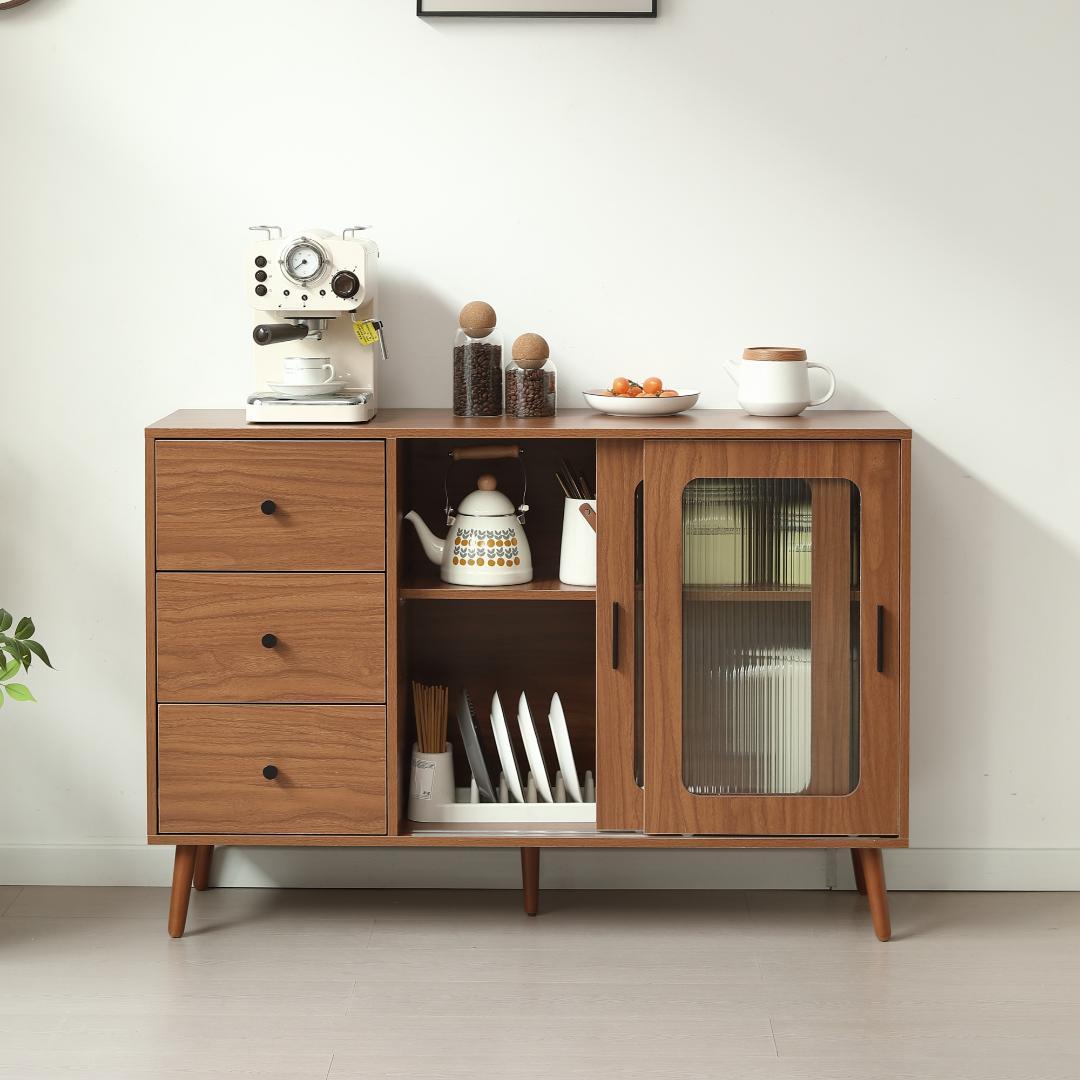【新品】大容量サイドボード 引き戸付き おしゃれ 北欧木目 収納チェスト