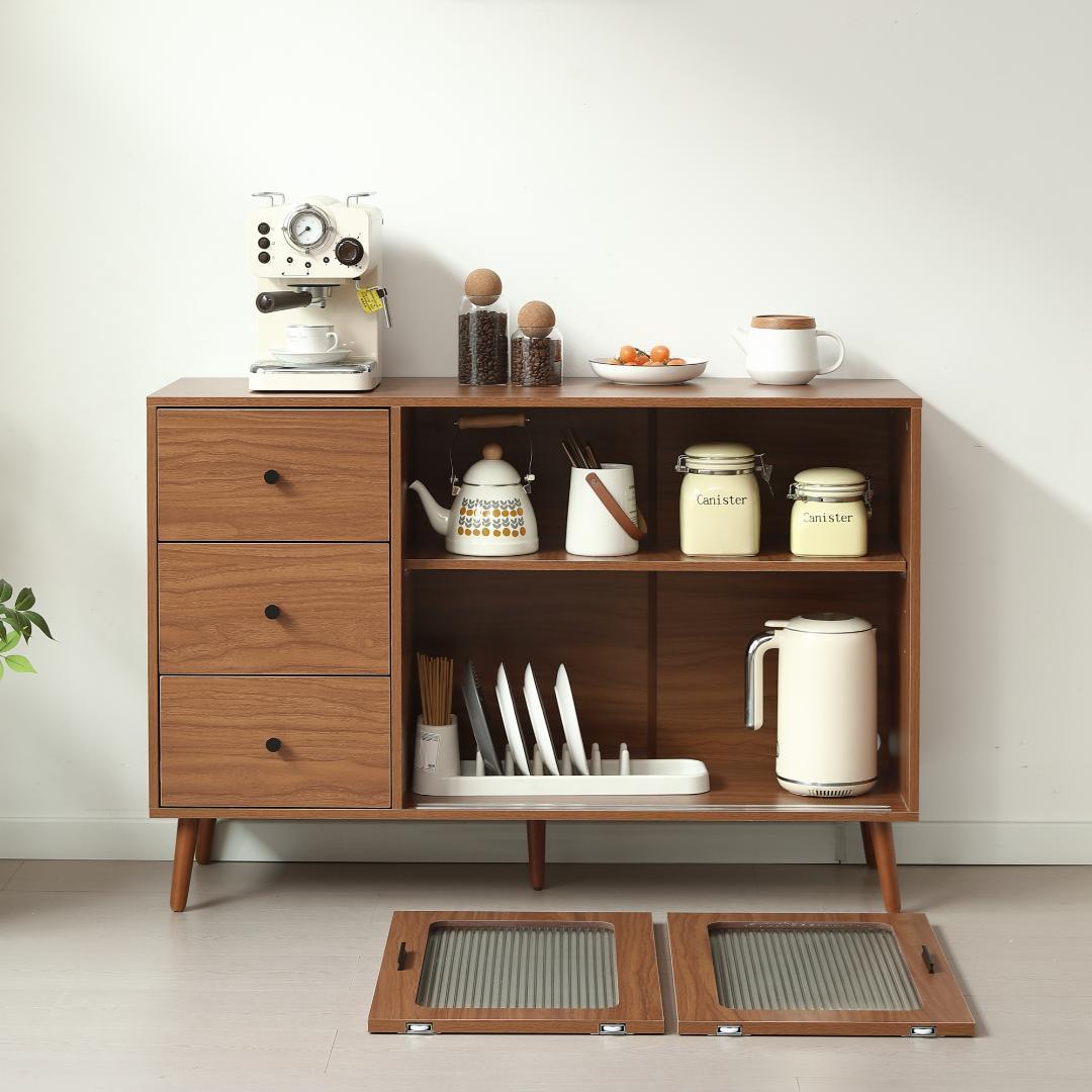 【新品】大容量サイドボード 引き戸付き おしゃれ 北欧木目 収納チェスト