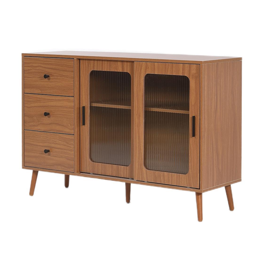 【新品】大容量サイドボード 引き戸付き おしゃれ 北欧木目 収納チェスト