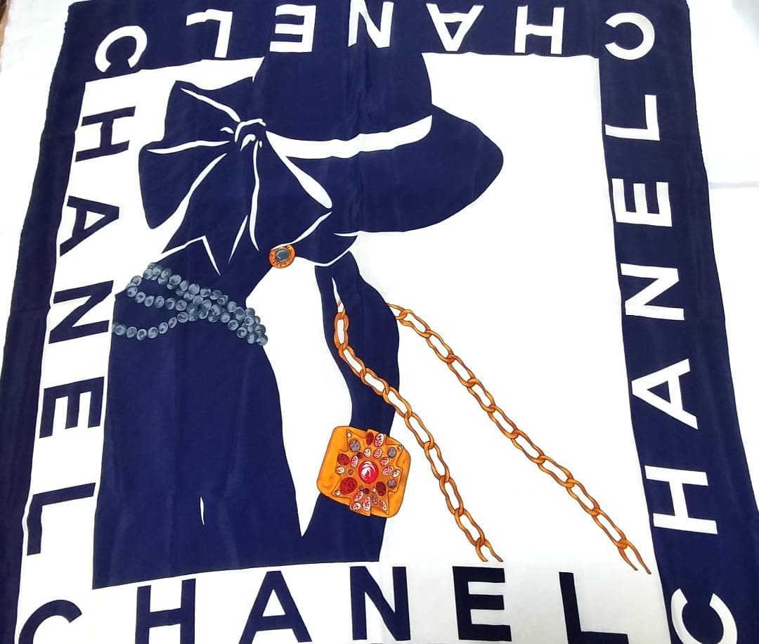 CHANELスカーフ シルク ネイビー ホワイト86cm