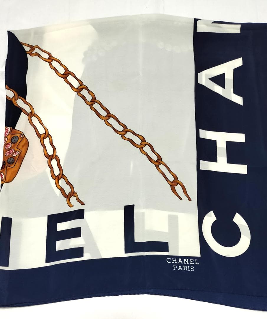 CHANELスカーフ シルク ネイビー ホワイト86cm