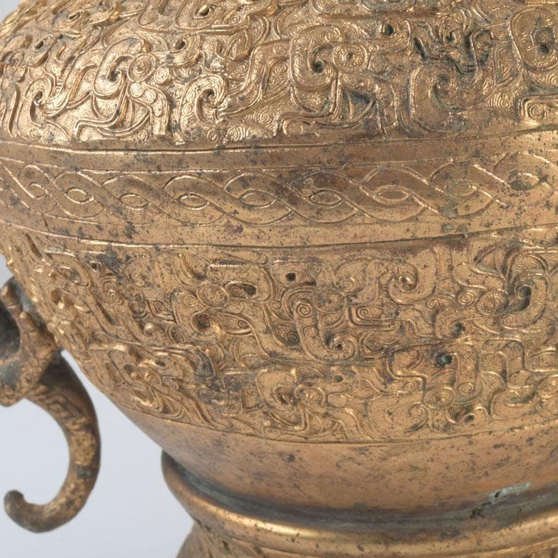 中国　古銅鍍金　漢詩刻　饕餮文　神獣蓋壷　M　9857A