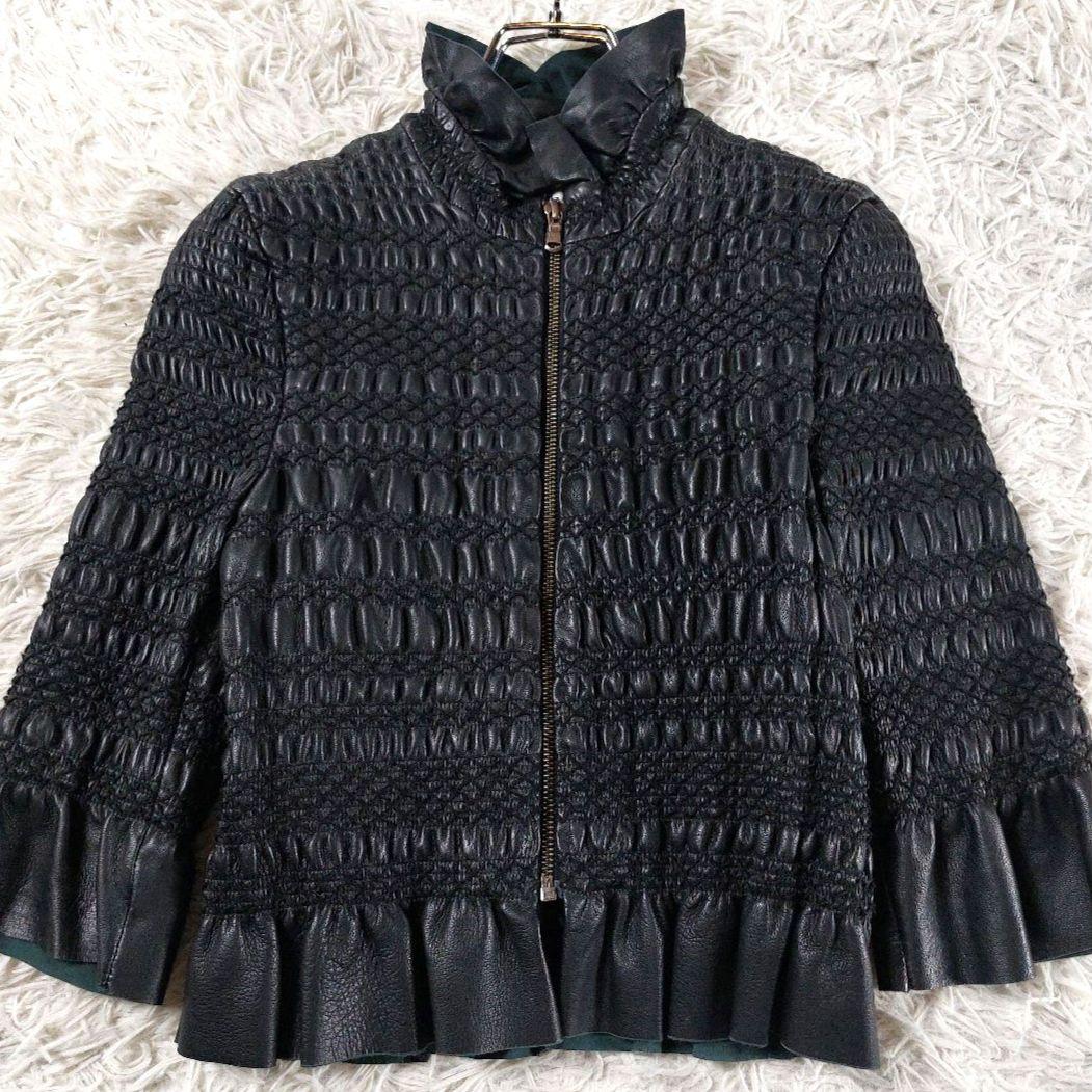 美品 RED VALENTINO ギャザーフリル Aライン レザージャケット 黒