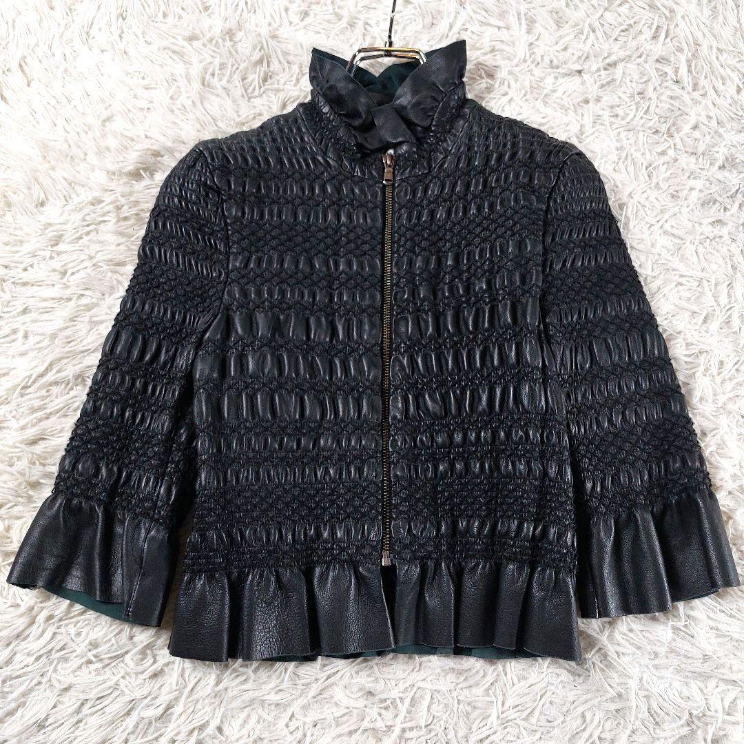 美品 RED VALENTINO ギャザーフリル Aライン レザージャケット 黒