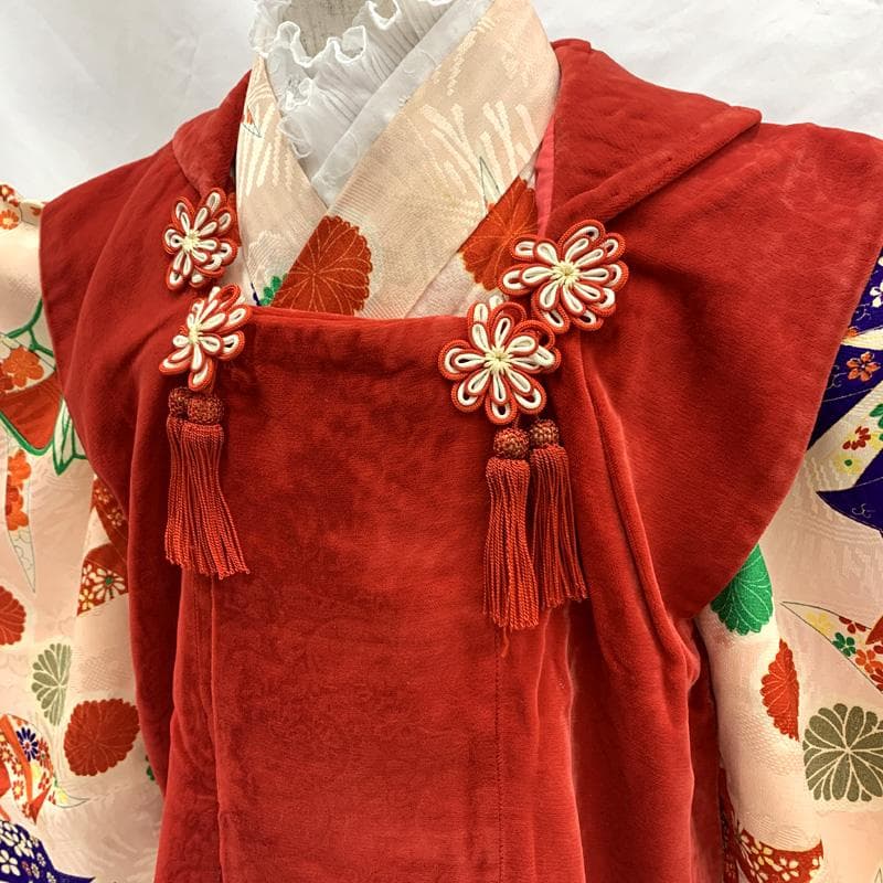 512ag66□七五三 三歳 アンティーク 女児 着物&被布 折鶴 菊文様□