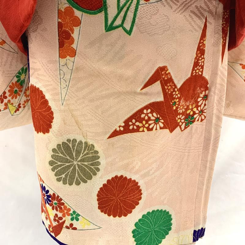 512ag66□七五三 三歳 アンティーク 女児 着物&被布 折鶴 菊文様□