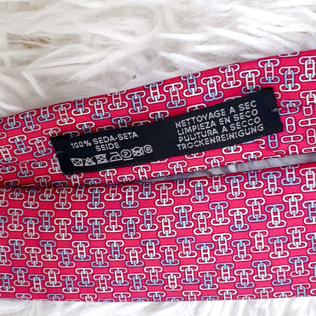 小物 HERMES Silk Tie Pink H Logo Pattern