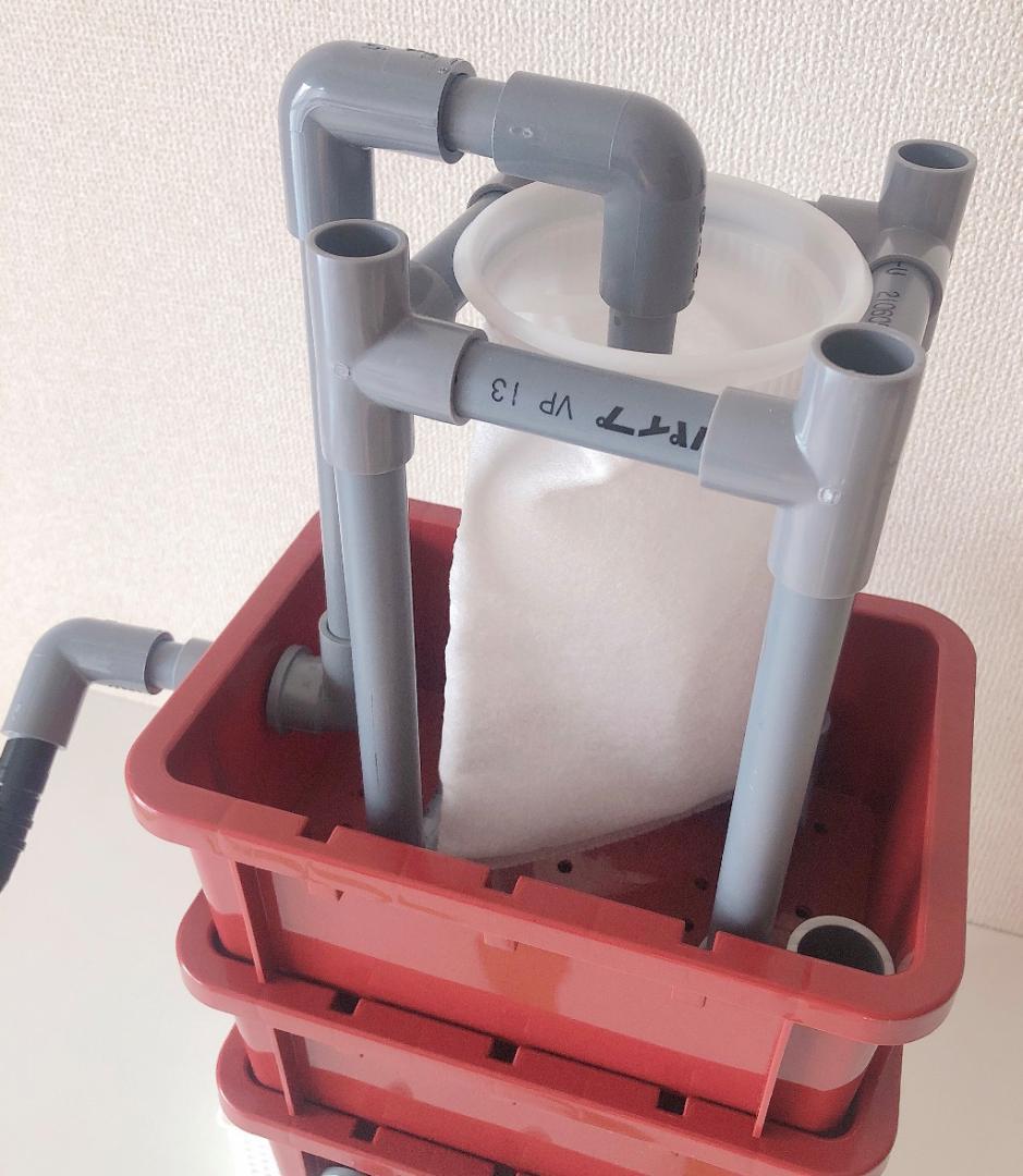 ワインレッドの オシャレな ３段濾過槽 タワータイプ 　浮遊物キャッチャー付き