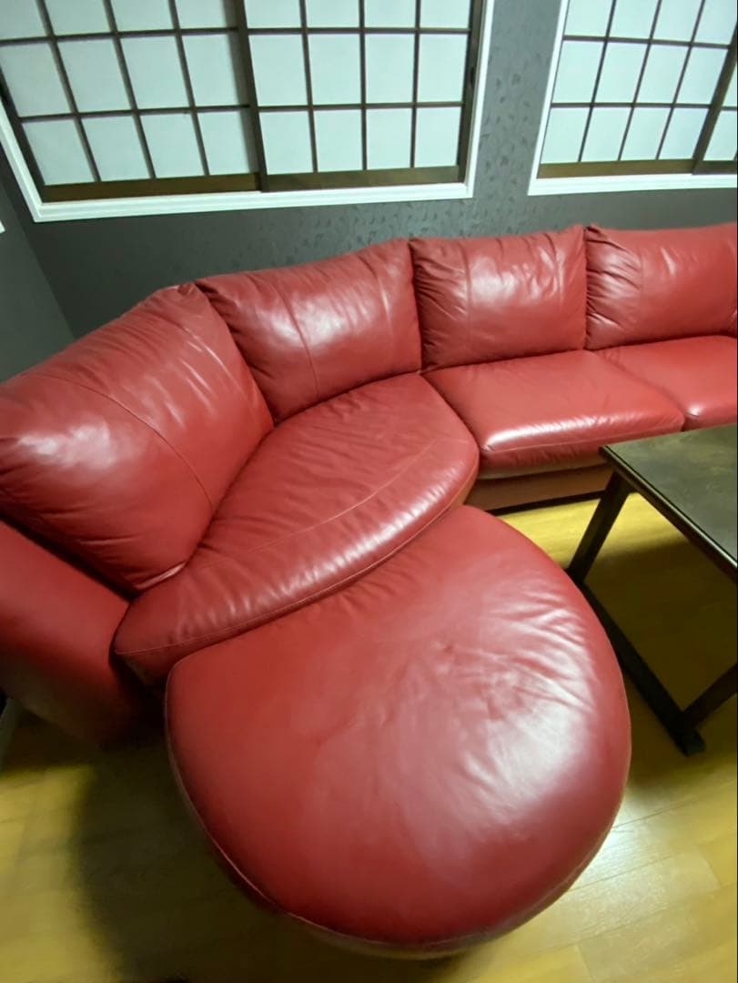 【美品】【本革】存在感抜群！高級赤レザー L字ソファ 320cm※直接引取り