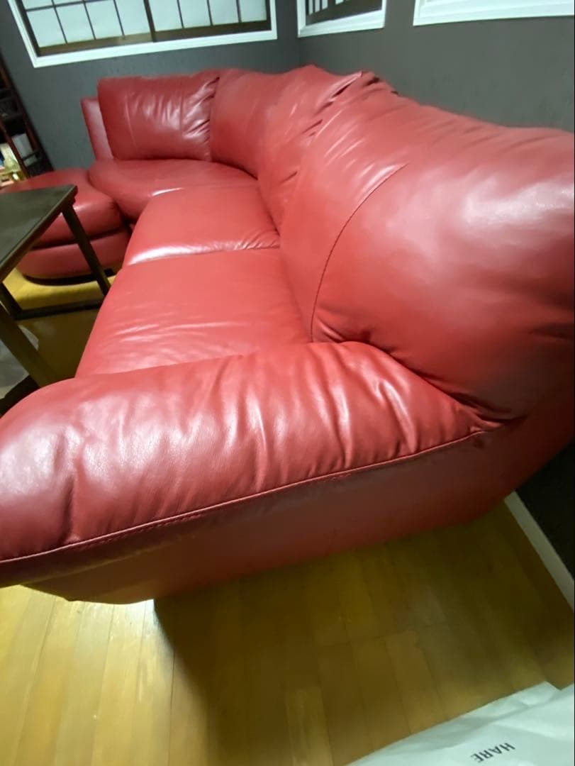【美品】【本革】存在感抜群！高級赤レザー L字ソファ 320cm※直接引取り
