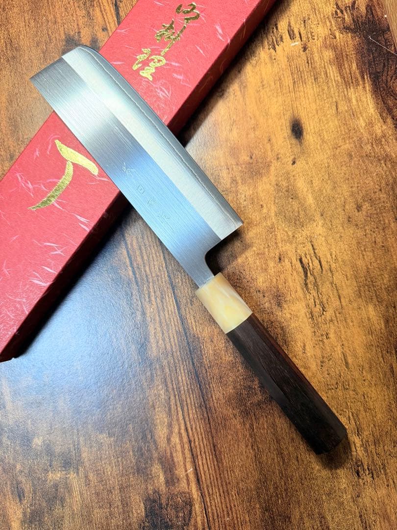 堺白鶴作　菜切　包丁　粉末ハイス鋼(SRS13) 紫檀白水牛八角柄