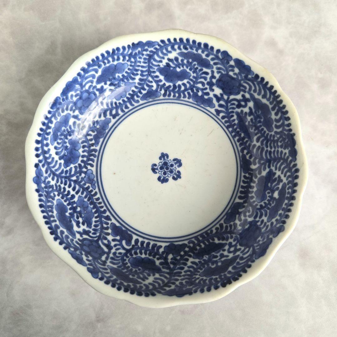 無傷　完品　古伊万里　染付　花唐草　深皿　江戸時代　金直し　金継ぎ　骨董　蛸唐草