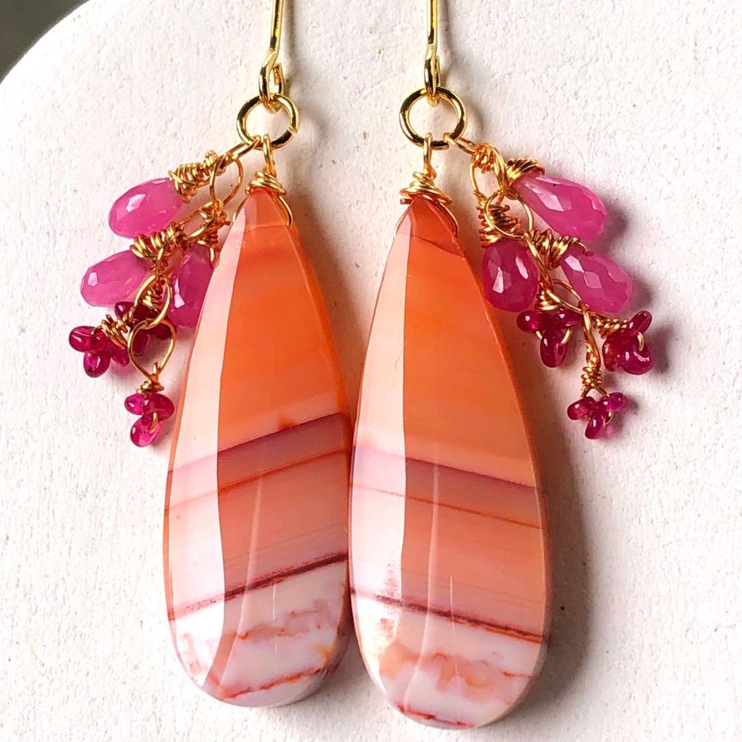 天然石☆ピンクストライプバンデッドアゲート×ロンギド産ルビーのピアス14kgf