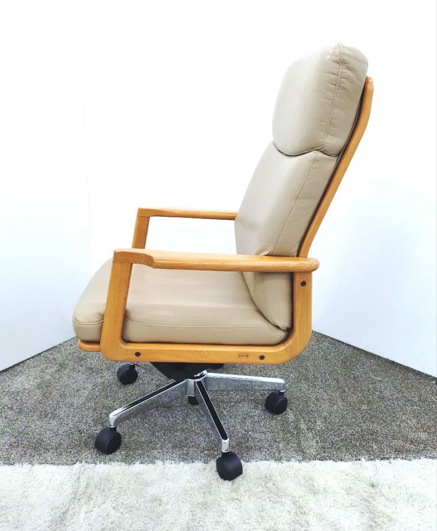 浜本工芸 無垢材 昇降式 レザー デスクチェア DSA-5200 回転チェア