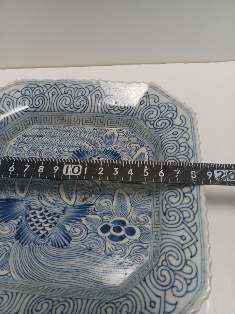 骨董伊万里　線描　染付　鳳凰文　角皿　隅切　1客