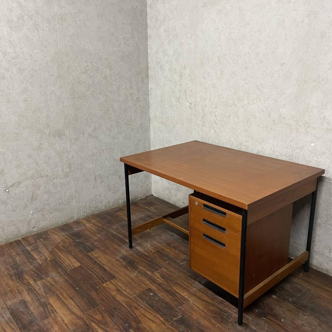 天童木工 片袖机 チーク材 鉄脚 デスク テーブル 机 家具 70 〜 80年代