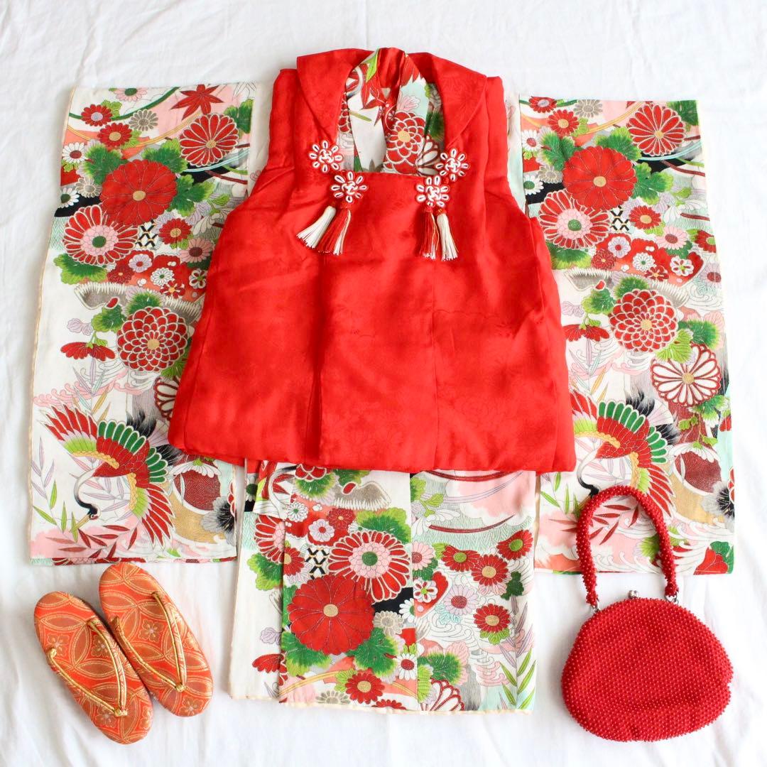 七五三 3歳 女の子 子供 アンティーク 着物 被布 ビーズバッグ セット
