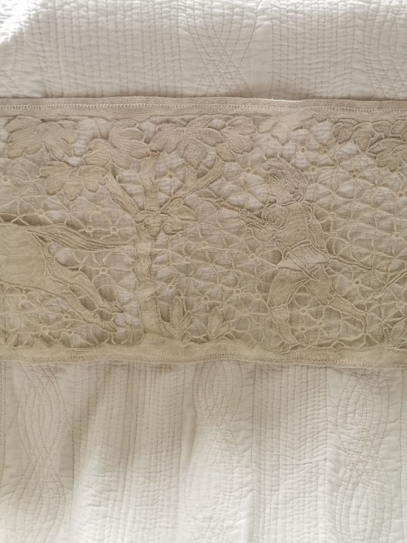 アンティーク フランス 狩猟の光景 鹿・騎馬者・犬 カットワーク リネンクロス