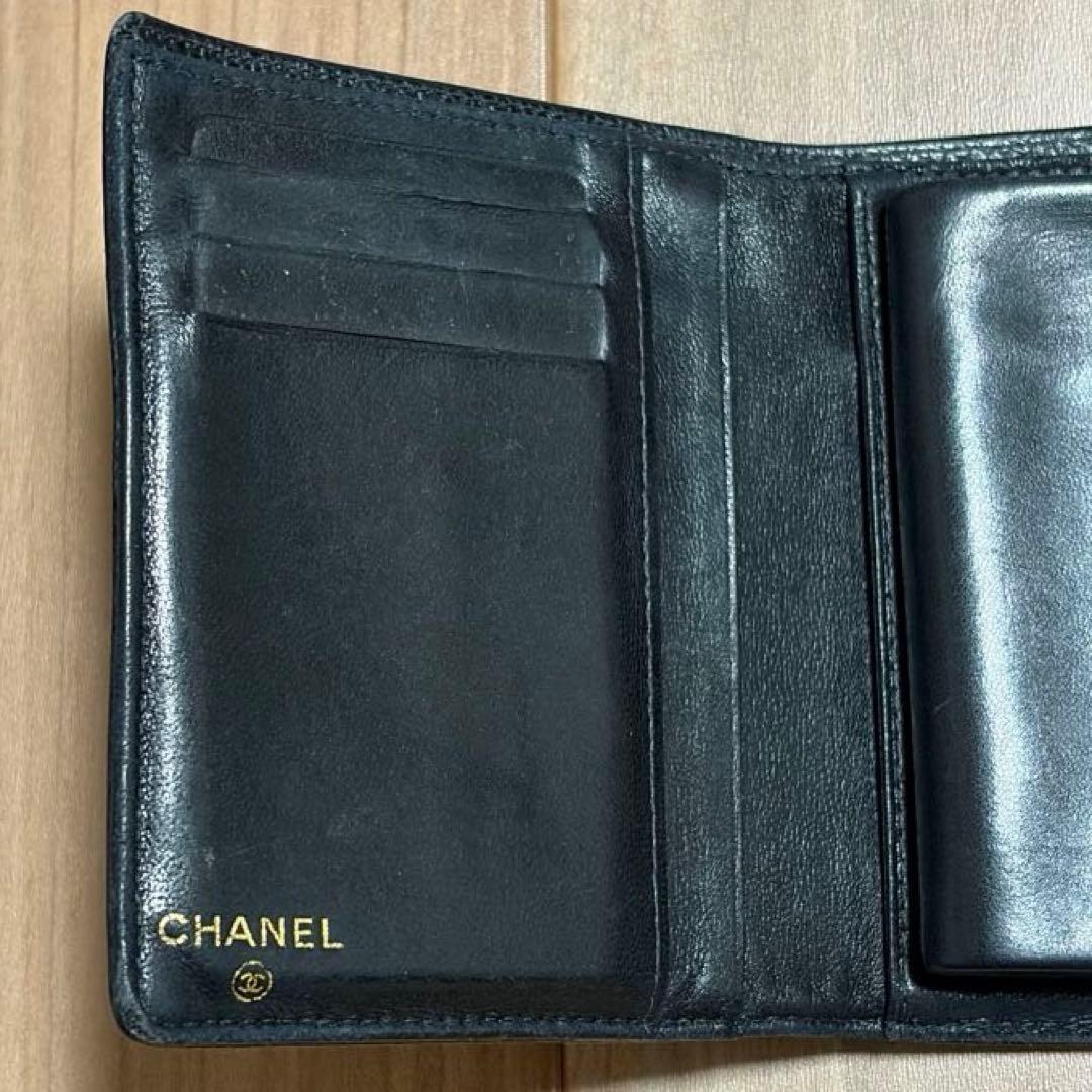 CHANEL シャネル キャビアスキン ココマーク がま口二つ折り財布 ブラック
