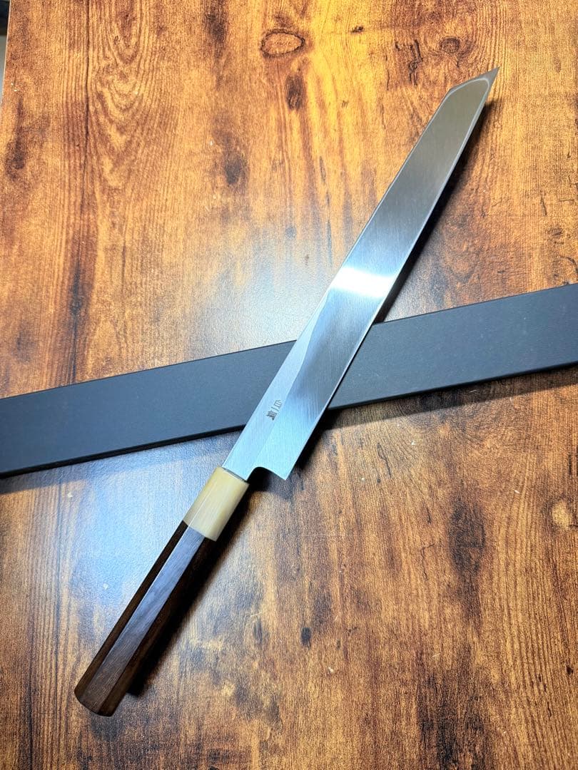 森本光一作　左用　刺身 切付　白一鋼　尺　紫檀白水牛八角柄