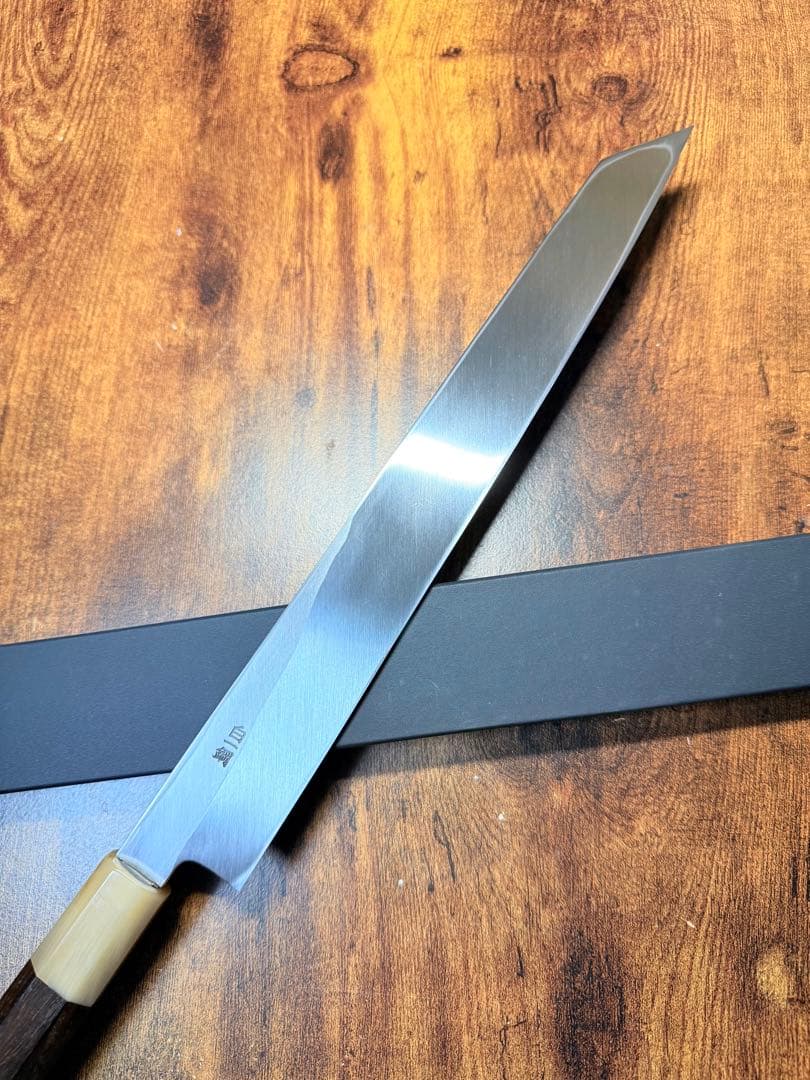 森本光一作　左用　刺身 切付　白一鋼　尺　紫檀白水牛八角柄