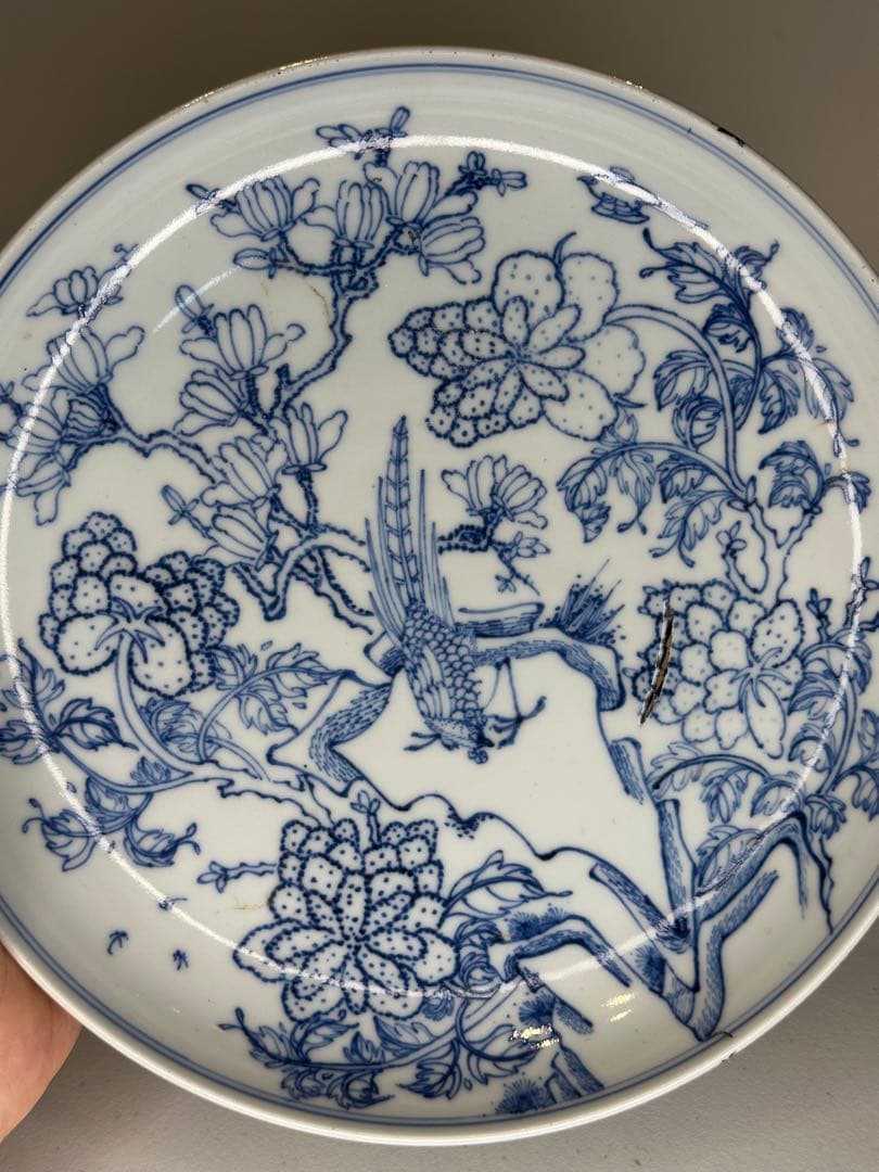 中国 大明成化年製 花草昆虫文 皿　盤　窯裂有り　古陶磁　骨董品