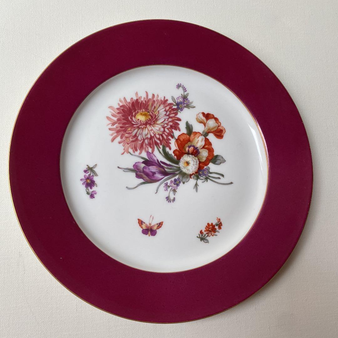 アンティーク高級食器　KPM 7種花　蝶々　赤皿