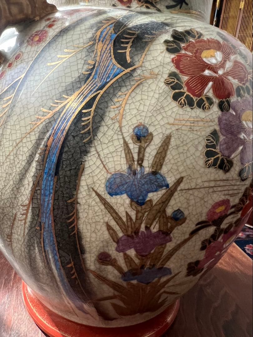 薩摩焼 壺 大型 双耳花瓶 飾壺 獅子耳 花柄 金彩 両耳付 花瓶