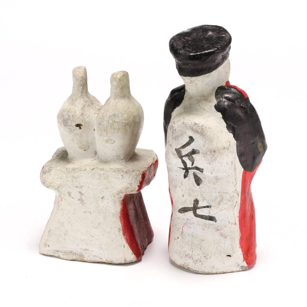 206B 古い花巻人形 4体 土人形 天神様 鯛担ぎ 神酒 兵隊 高さ9.5㎝