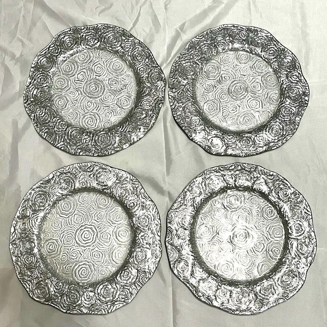 食器 お皿 ガラスプレート 4枚セット IVV ロゼット シルバー