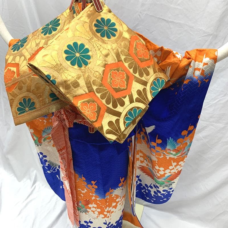 509ag22□七五三 七歳 女児 着物&袋帯 地紋 金彩 鶴□状態良好