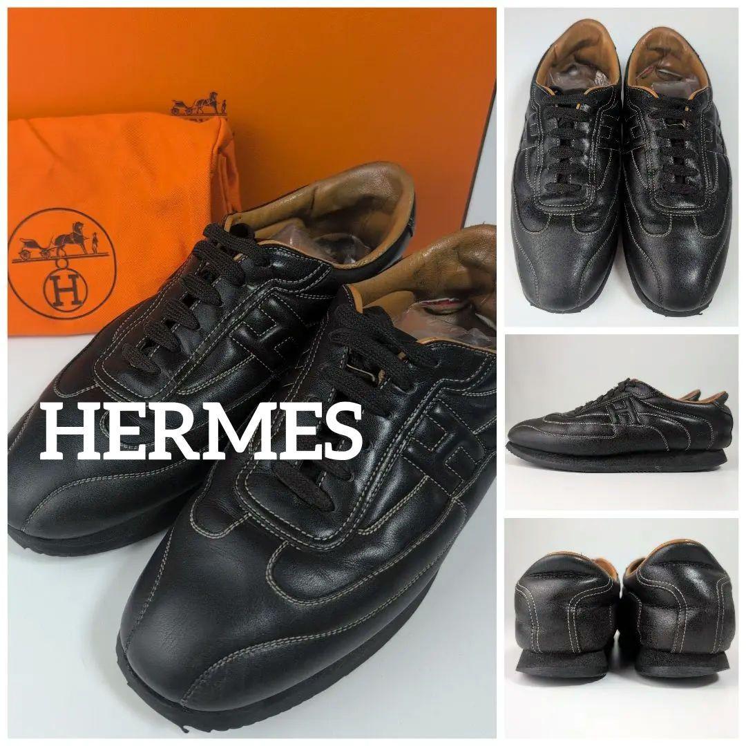 きみこも HERMES エルメス ブラックレザースニーカー