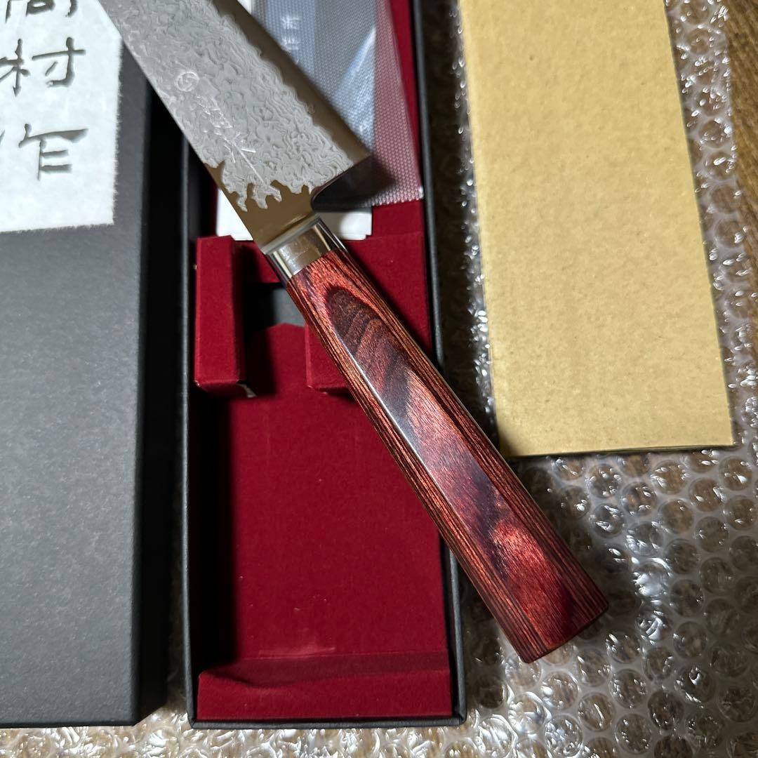 高村作　ダマスカス打雲花　紅色ハンドル 牛刀180mm