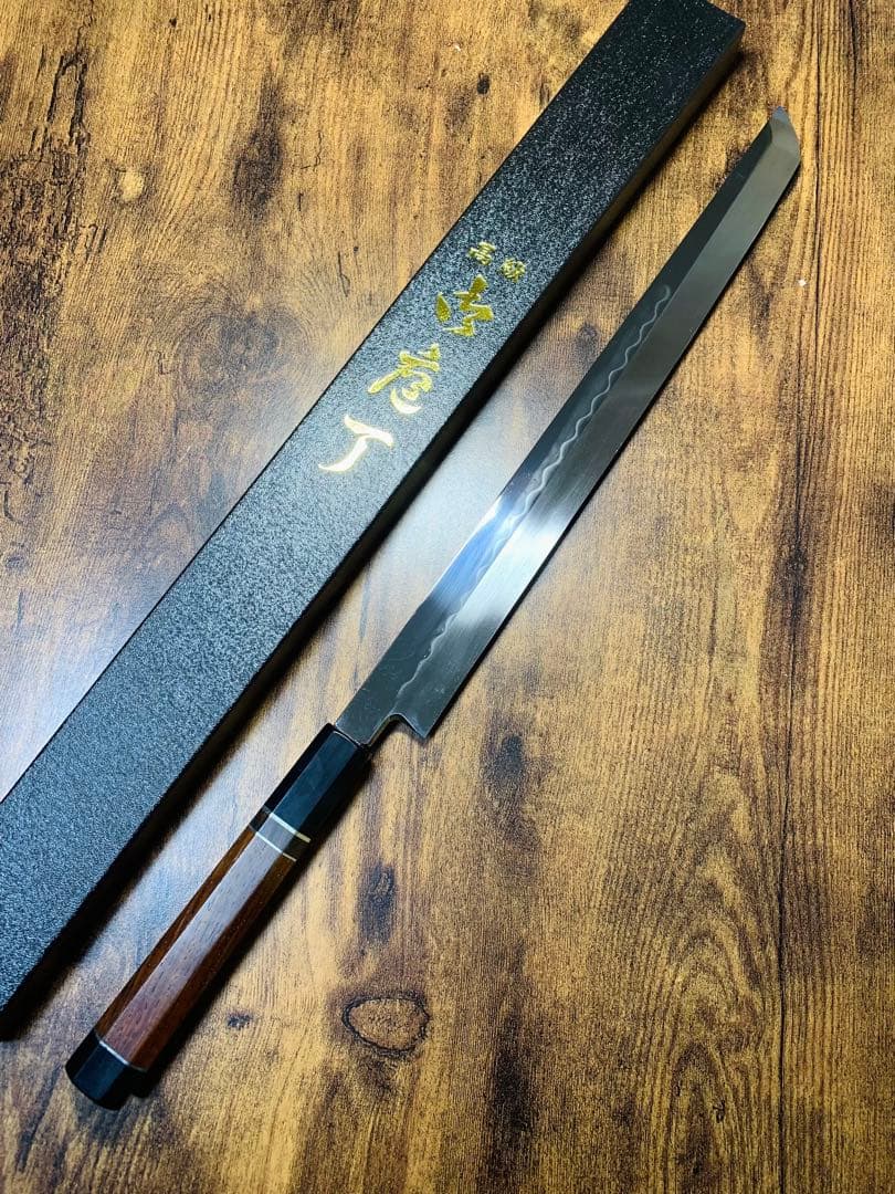 白木作　蛸引 先丸　本焼　白鋼　鏡面　尺一　包丁　アイアンウッド水牛銀巻柄