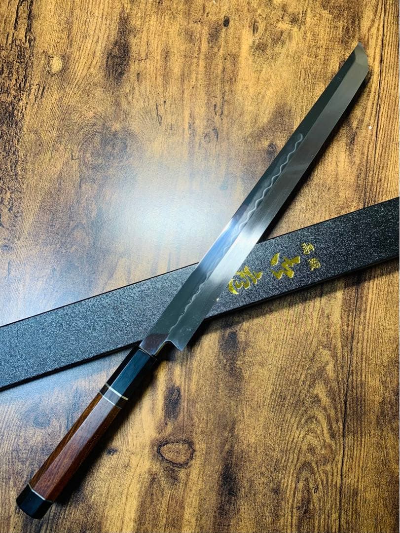 白木作　蛸引 先丸　本焼　白鋼　鏡面　尺一　包丁　アイアンウッド水牛銀巻柄