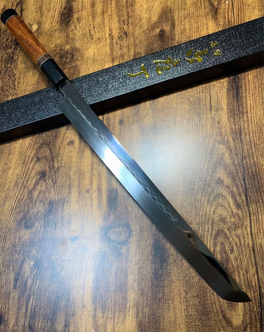 白木作　蛸引 先丸　本焼　白鋼　鏡面　尺一　包丁　アイアンウッド水牛銀巻柄