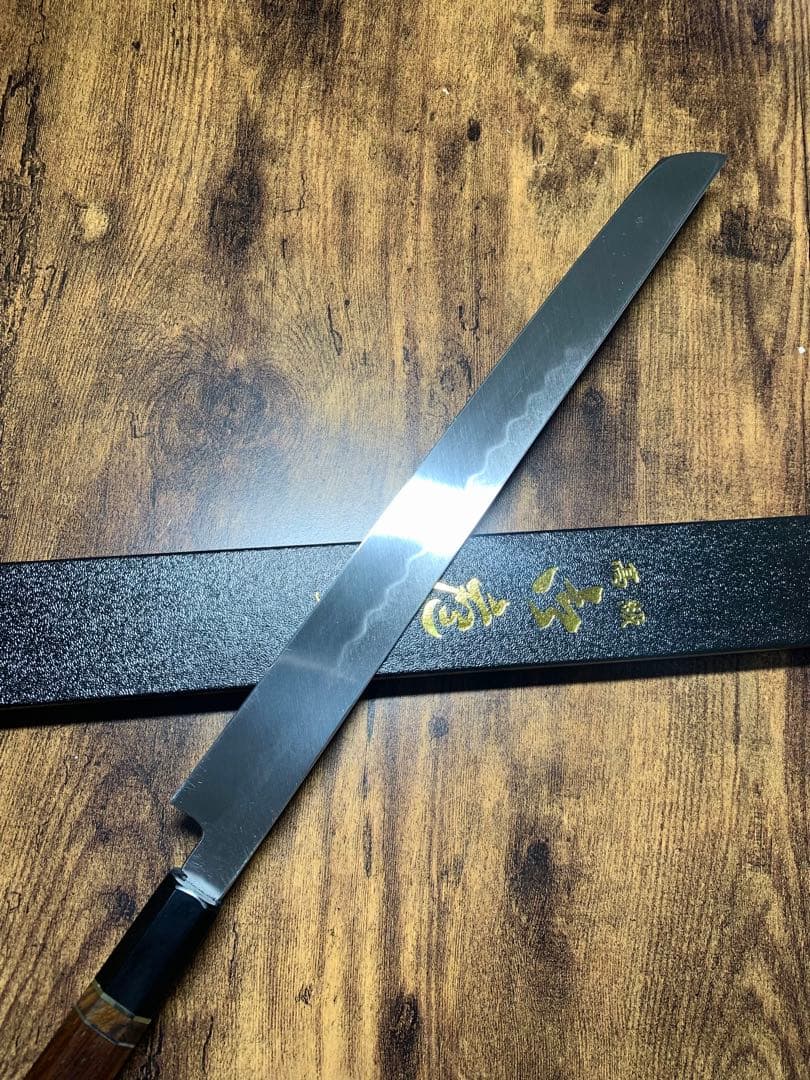 白木作　蛸引 先丸　本焼　白鋼　鏡面　尺一　包丁　アイアンウッド水牛銀巻柄