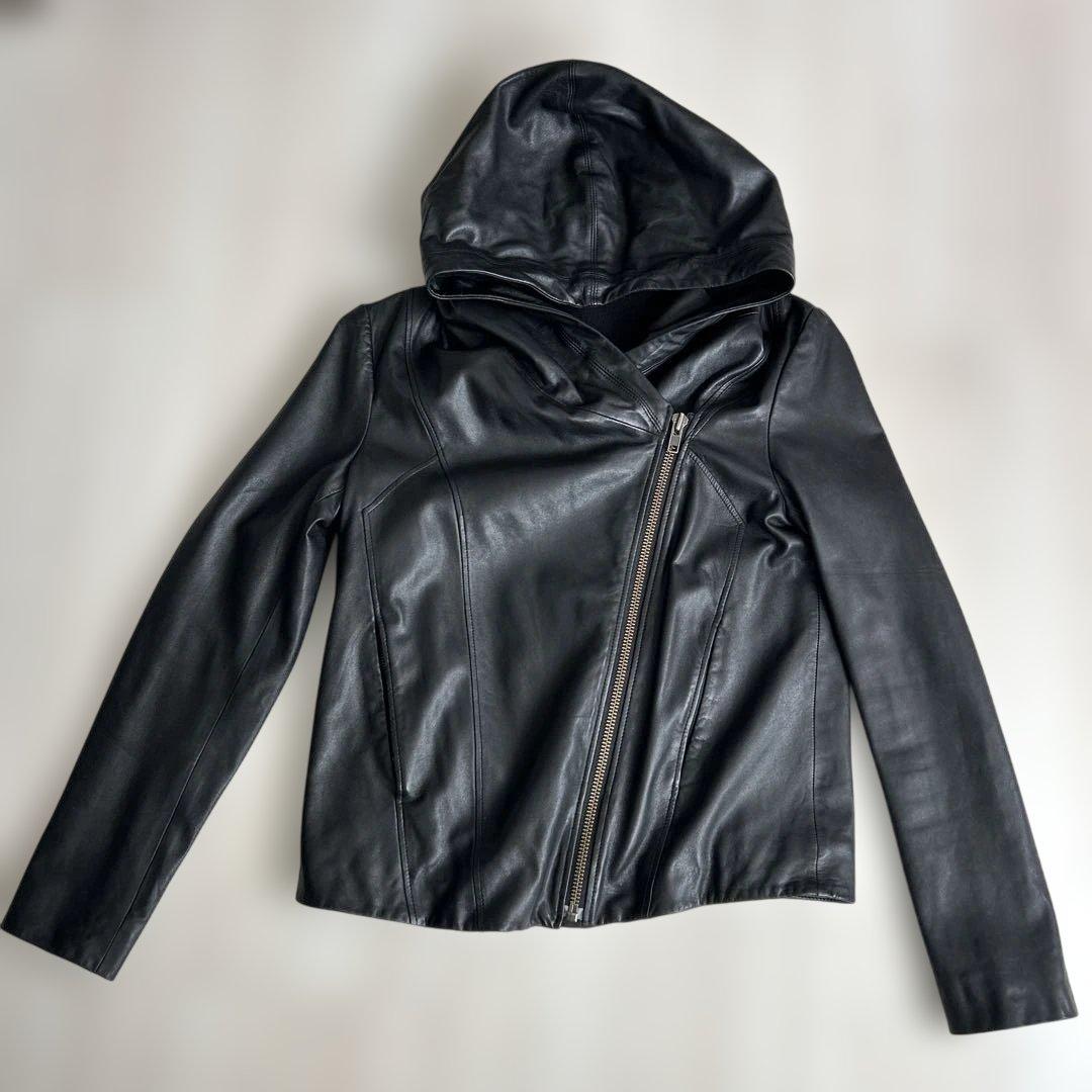 HELMUT LANG フード付きレザージャケット ブラック