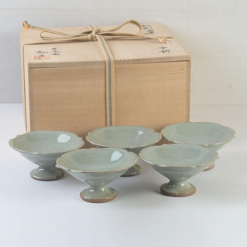 和食器　忍冬庵　佐藤和子作　朝鮮唐津　青磁　手鉢　五客　共箱　V　9845A