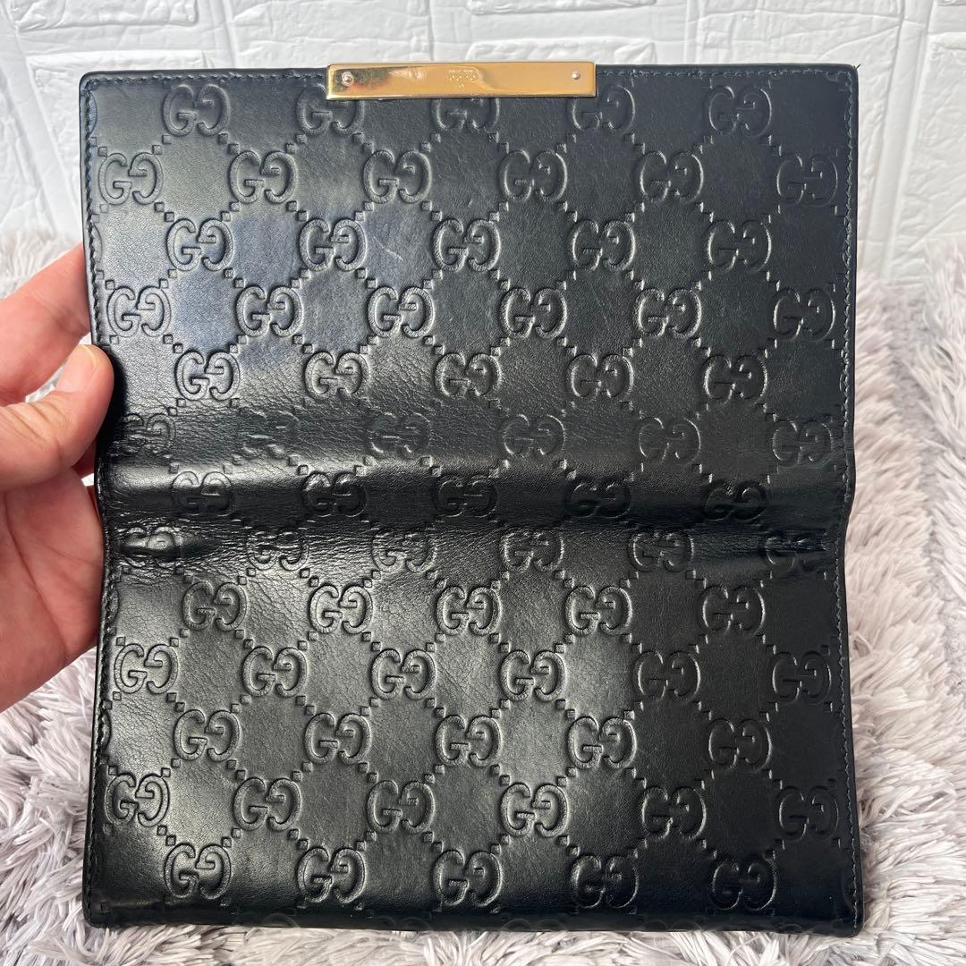 美品✨GUCCI シマ　ロゴプレート　ブラック　メンズ　レザー　長財布