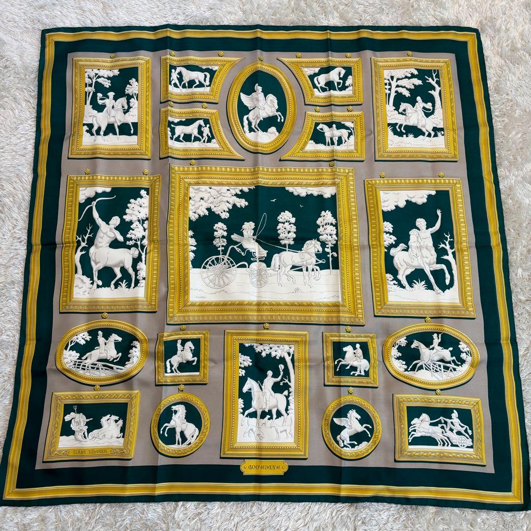 極美品✨HERMES WEDG WOOD コラボスカーフ　グリーン　カレ90
