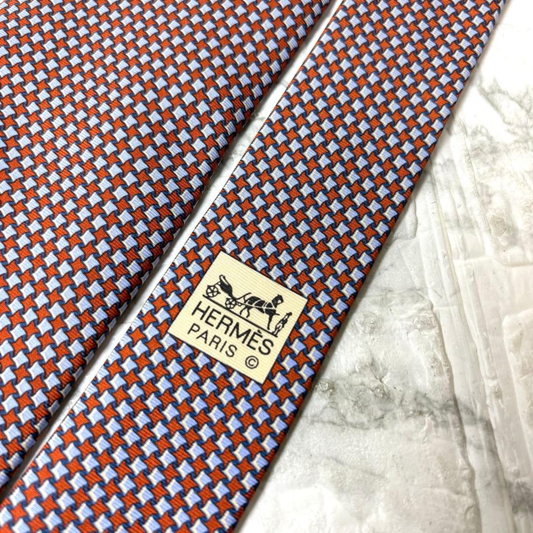 未使用品　エルメス　ネクタイ　オレンジ×水色　スーツ　ソリッドタイ　シャツ