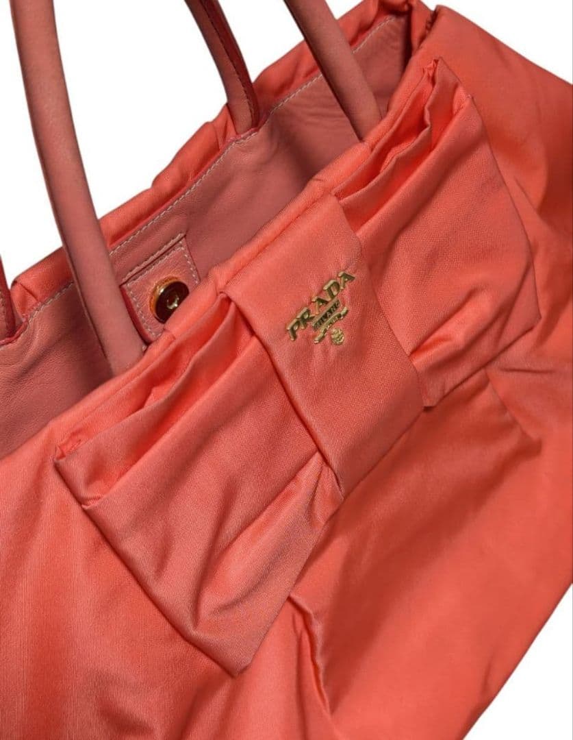 プラダ PRADA トートバッグ リボン テスート ナイロン オレンジ 美品